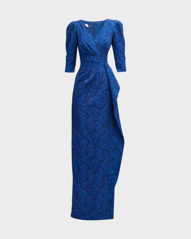 Side-Drape Stretch Metallic Jacquard Gown